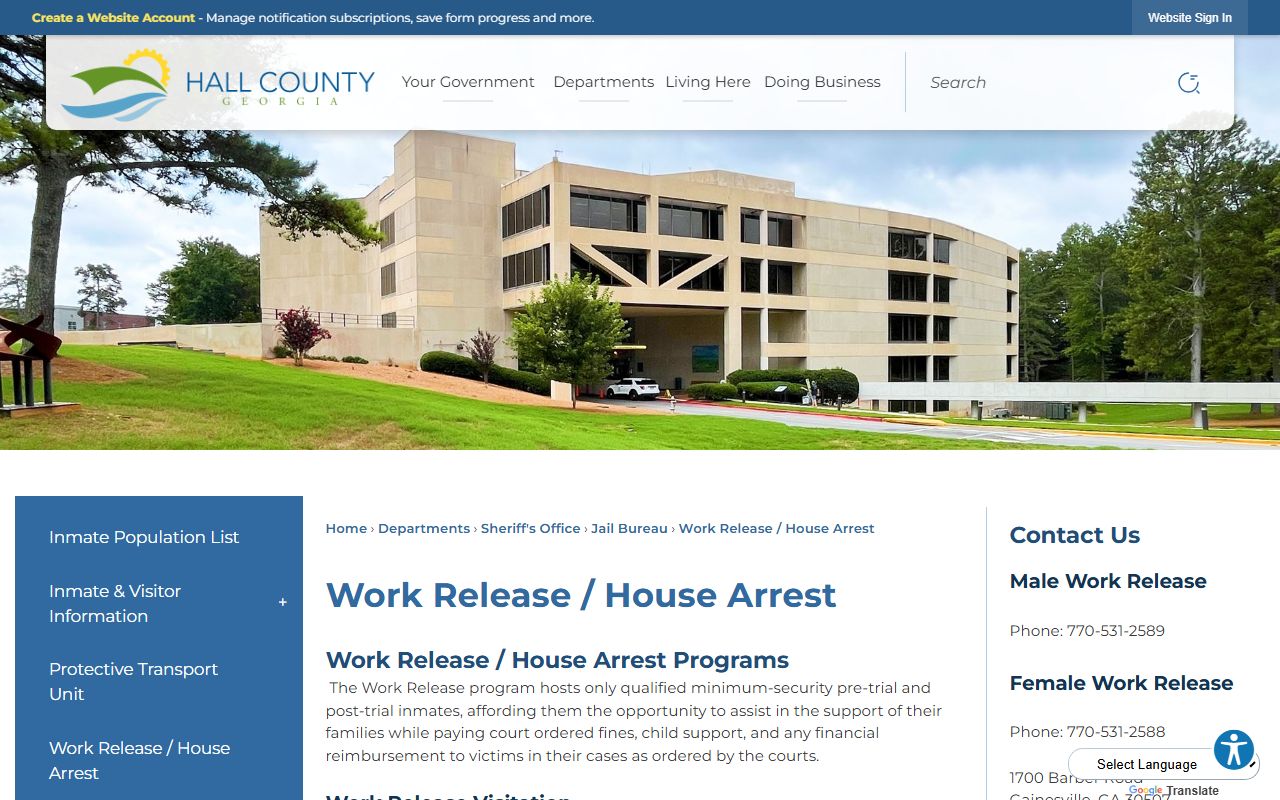Hall County Work Release House Arrest program page